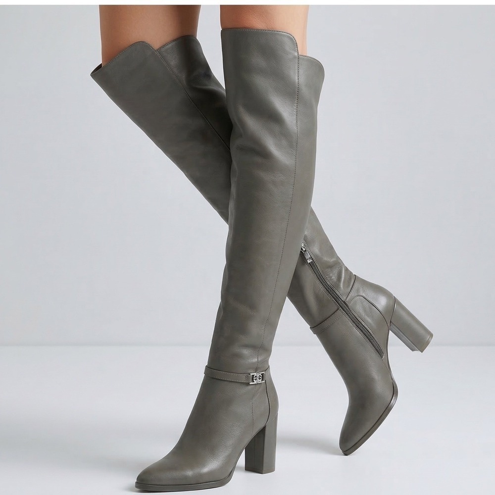 Antonio Melani Grey Leather Over The Knee Mob Wife Boots 6M Chunky Heel Matrix
